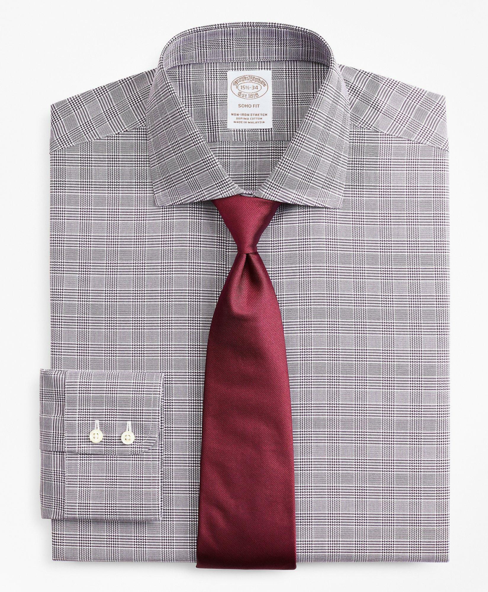Brooks Brothers Men's Stretch Soho Extra-Slim-Fit Dress Shirt, Non-Iron Royal Oxford English Collar Glen Plaid | Purple