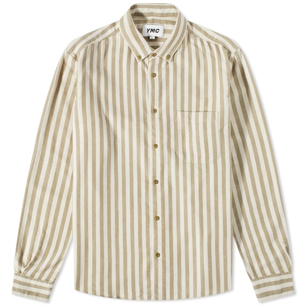 YMC Men's Dean Flannel Striped Button Down Shirt in Ecru YMC