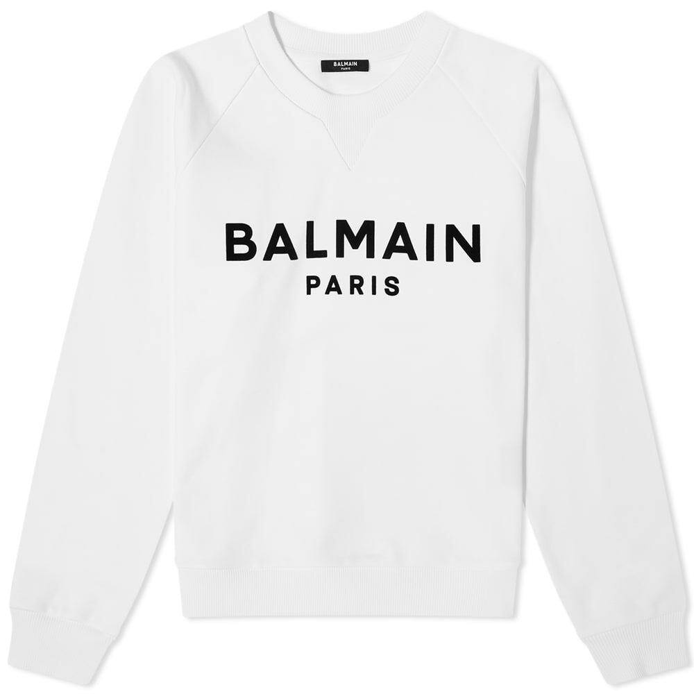 Balmain Women's Flocked Logo Crew Neck Sweat in Blanc/Noir Balmain