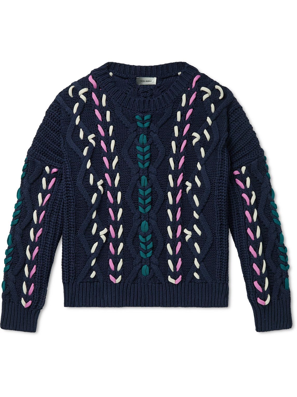 Isabel Marant Zolan Embroidered Recycled CableKnit Sweater Blue