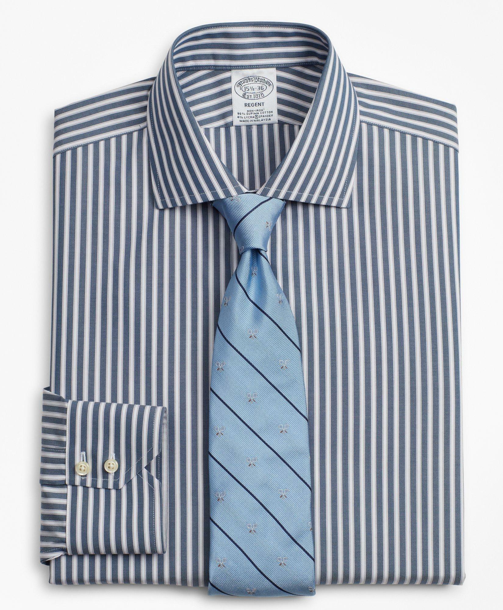 Brooks Brothers Men's Stretch Regent Regular-Fit Dress Shirt, Non-Iron Stripe | Navy