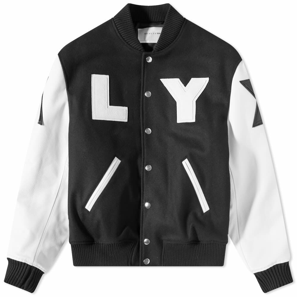 Photo: 1017 ALYX 9SM Men's Leather Sleeve Logo Varsity Jacket in Black/White
