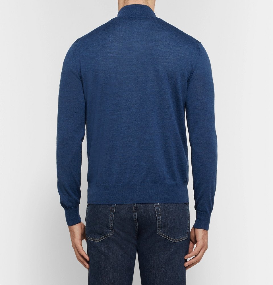 Canali Slim Fit Mélange Merino Wool Half Zip Sweater Men Blue Canali