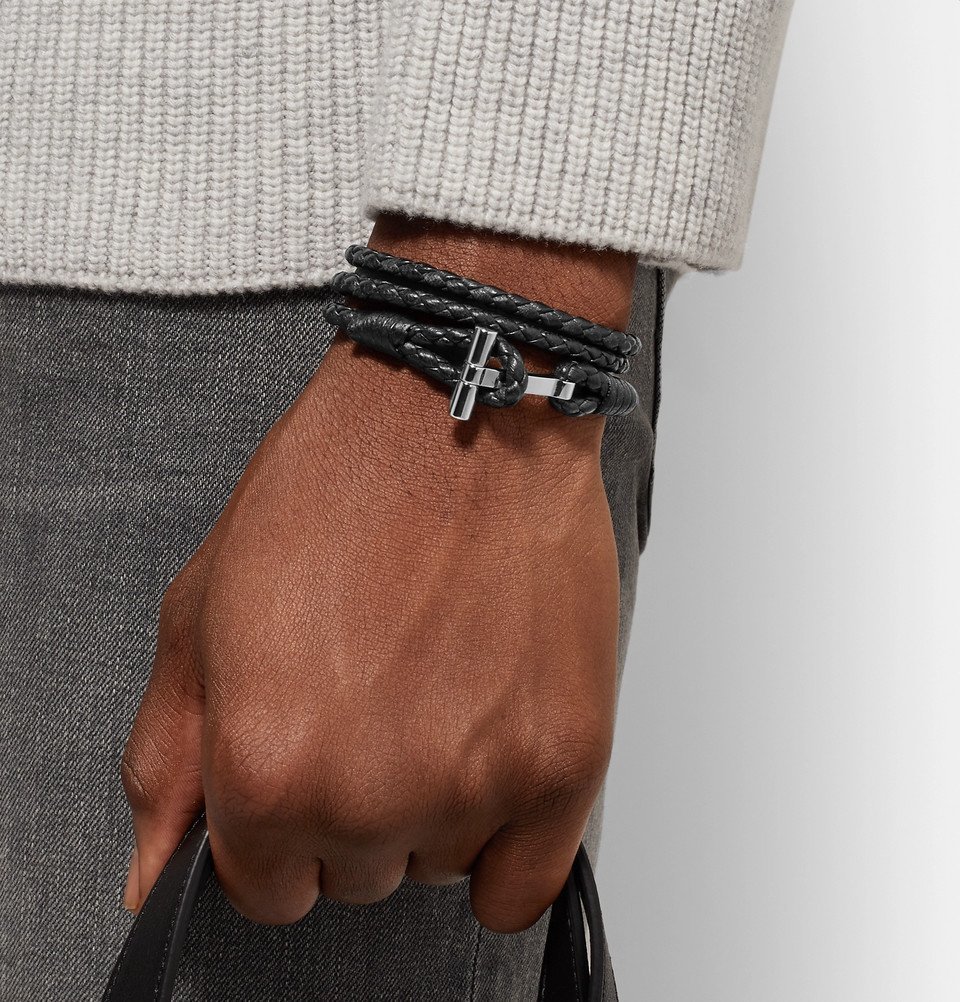 TOM FORD - Woven Leather and Palladium-Plated Wrap Bracelet - Men - Black TOM  FORD