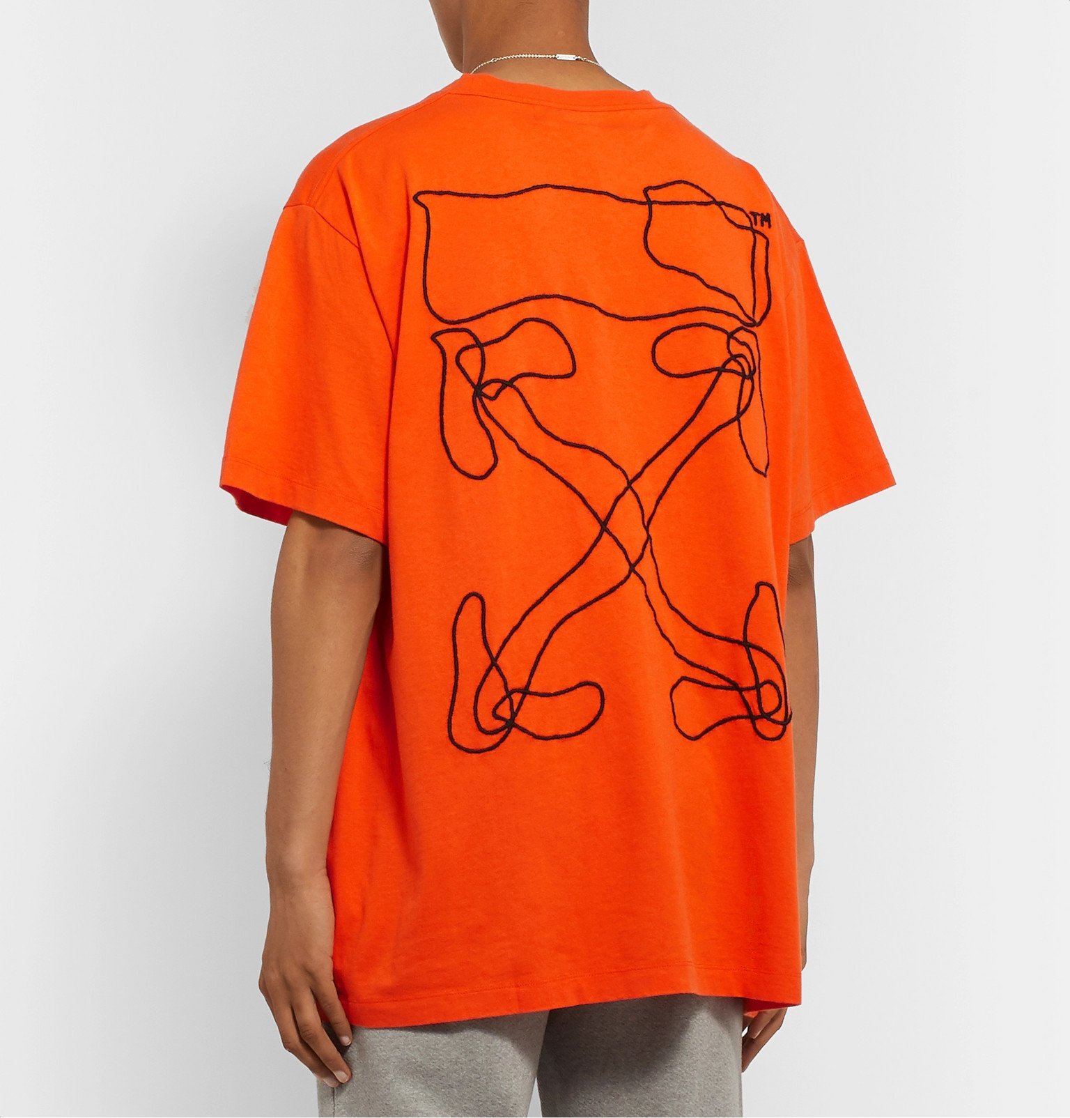 Off-White - Embroidered Cotton-Jersey T-Shirt - Orange Off-White