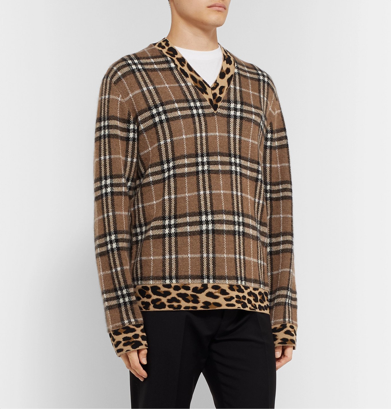 Burberry - Leopard-Trimmed Checked Jacquard-Knit Sweater - Brown Burberry