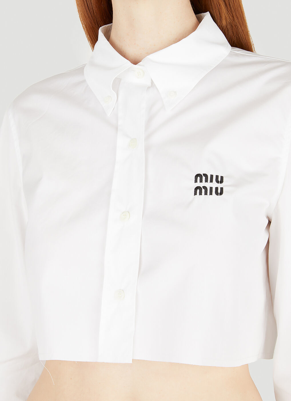 Embroidered Logo Cropped Shirt in White Miu Miu