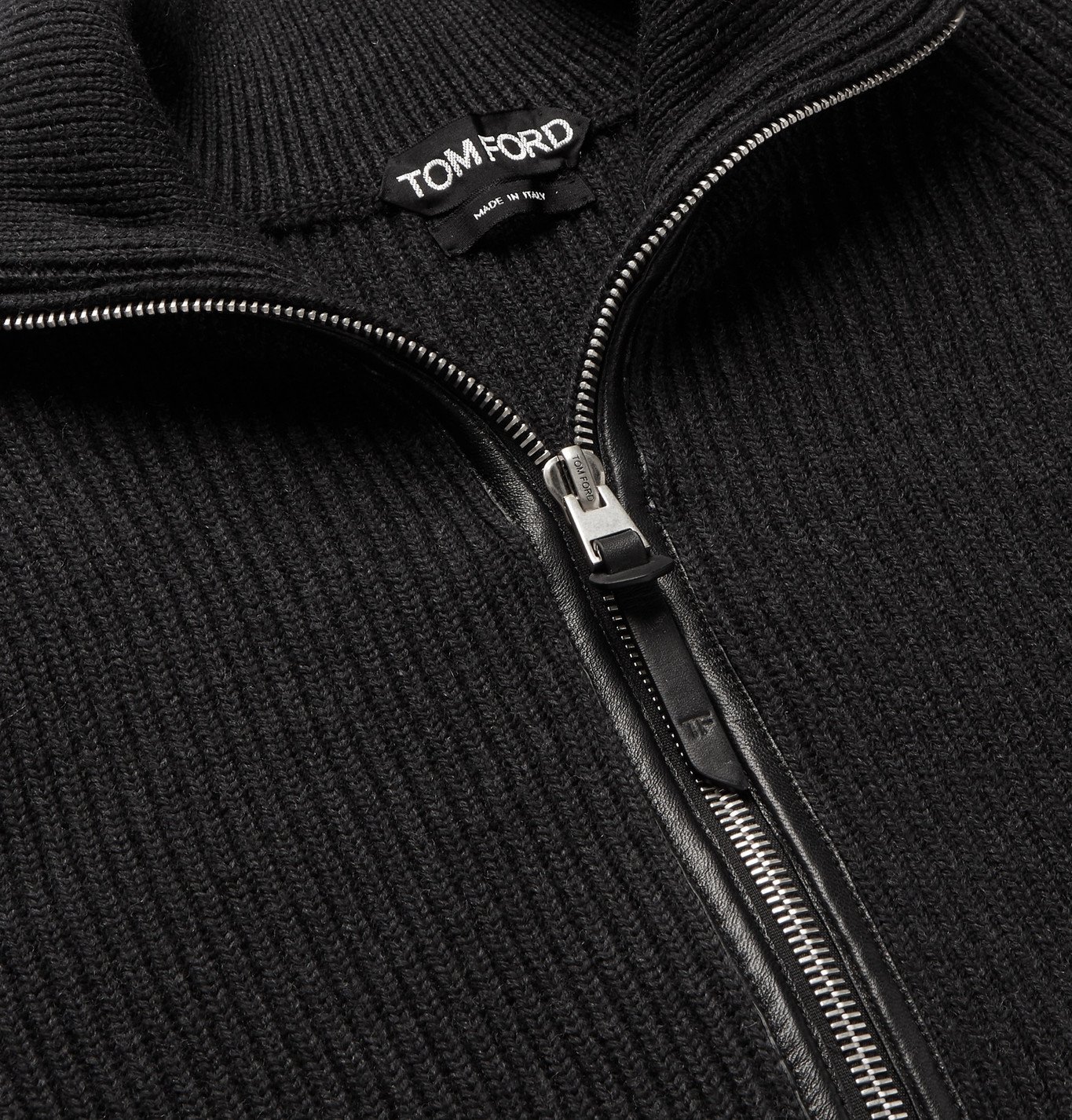 TOM FORD - Slim-Fit Leather-Trimmed Ribbed Merino Wool Half-Zip Sweater -  Gray TOM FORD