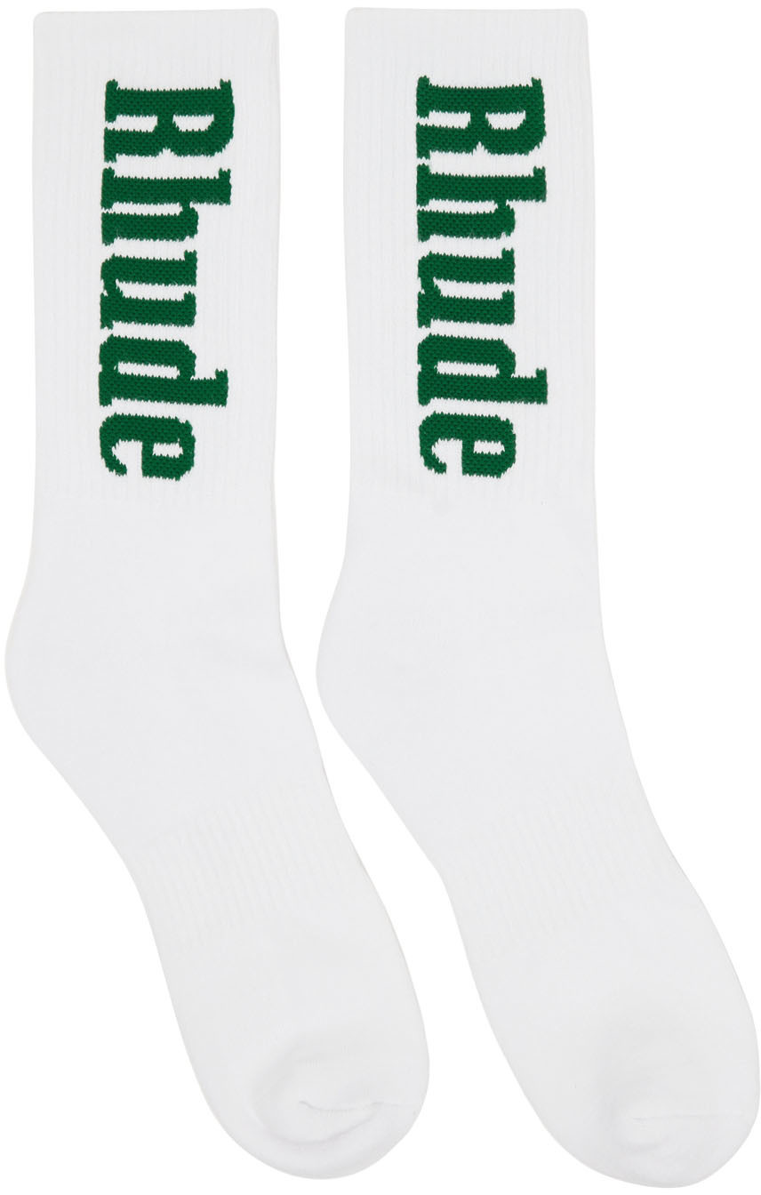 Rhude White & Green Vertical Logo Socks Rhude