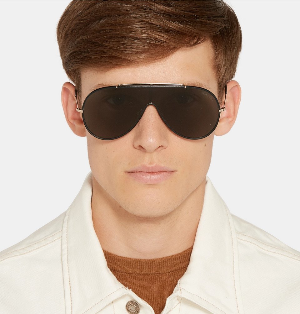 TOM FORD - Aviator-Style Leather and Gold-Tone Sunglasses - Black TOM FORD