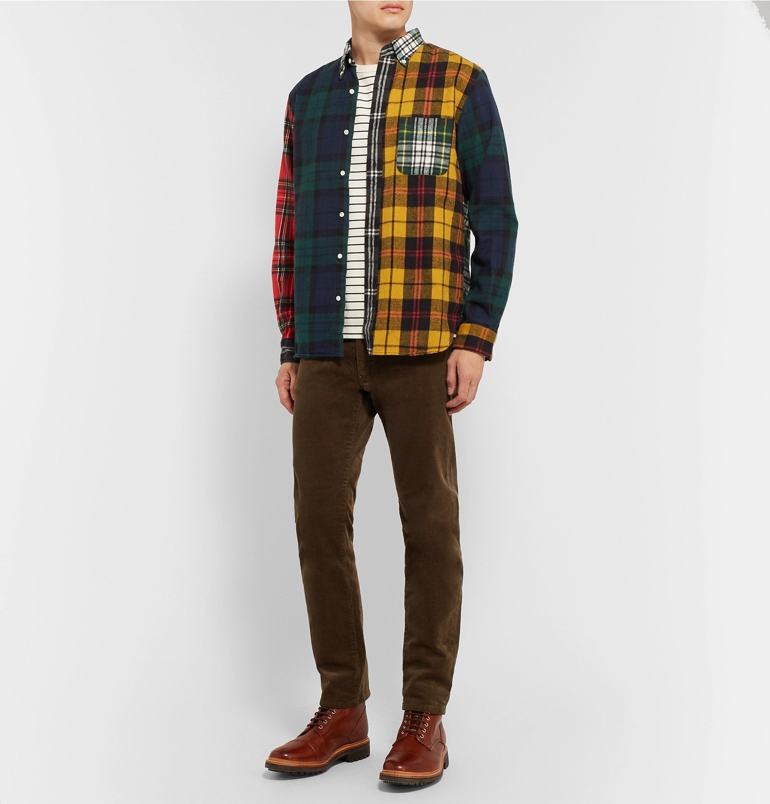 Beams Plus - Button-Down Collar Patchwork Checked Cotton-Flannel