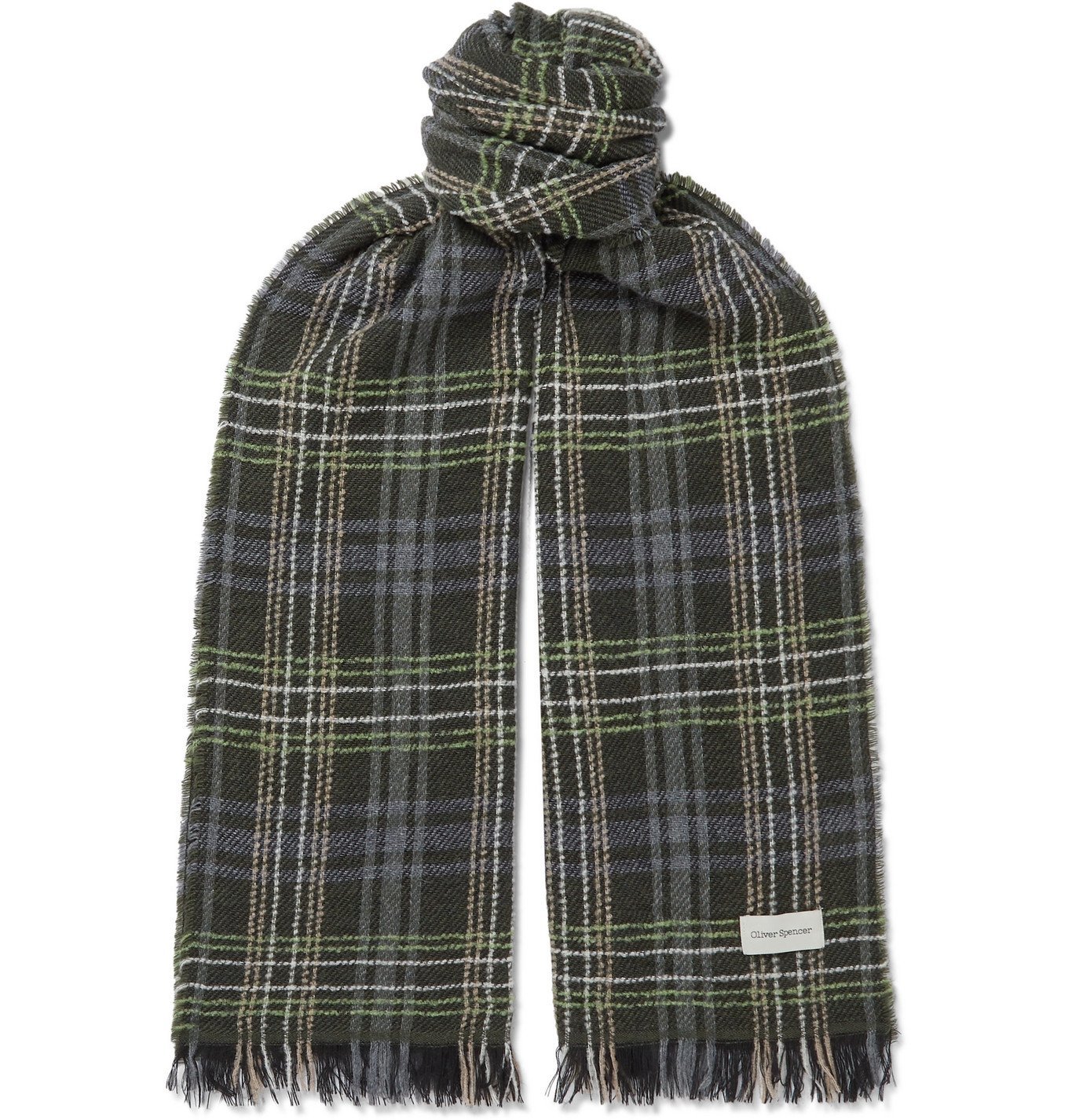 Photo: Oliver Spencer - Fringed Checked Wool-Blend Scarf - Green