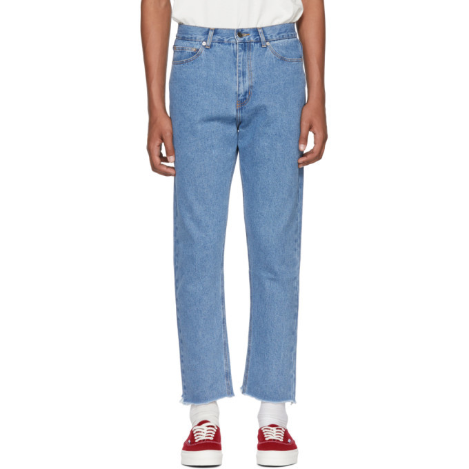 blue raw hem jeans