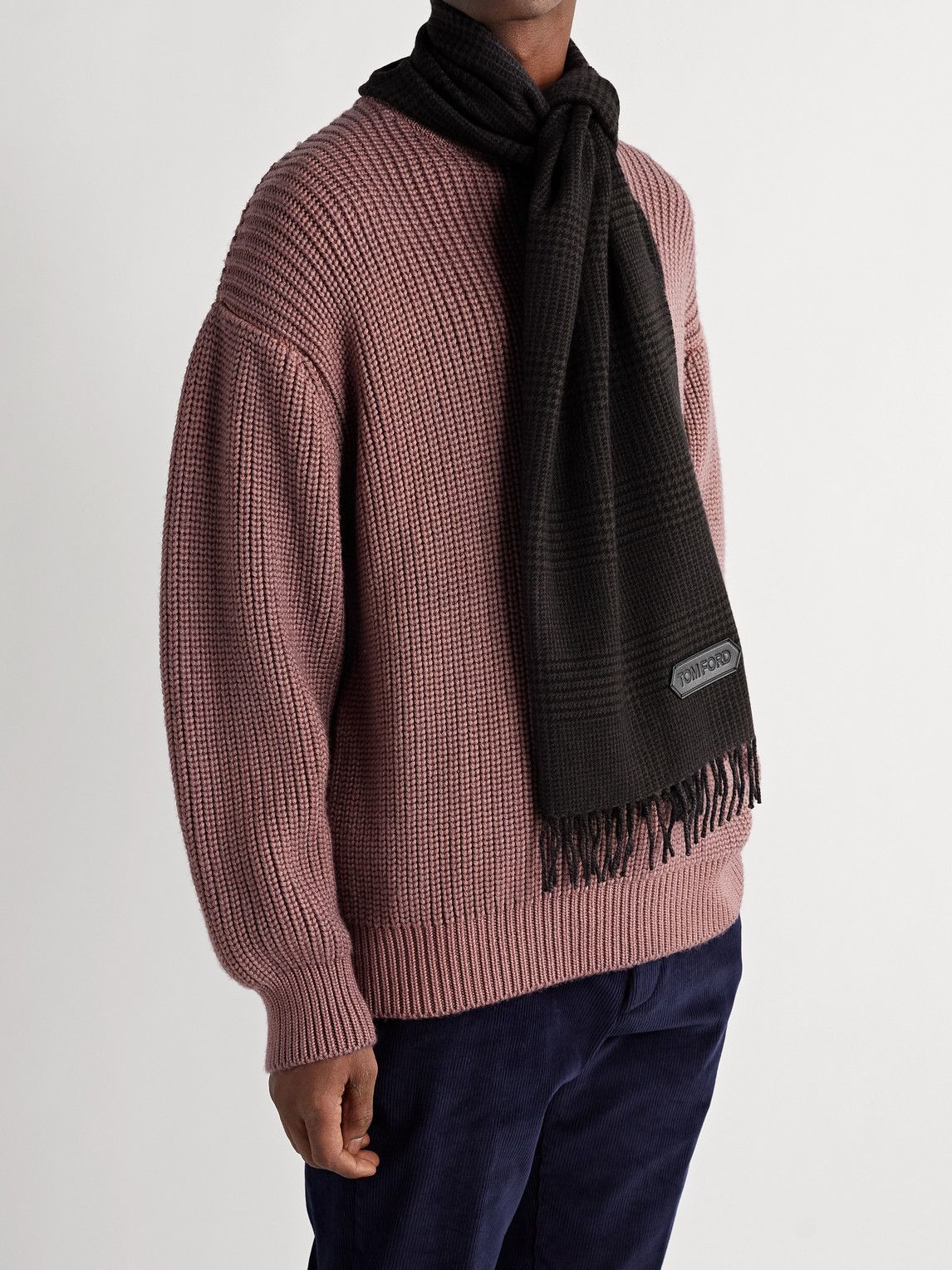 TOM FORD - Logo-Appliquéd Fringed Prince of Wales Checked Cashmere and  Wool-Blend Scarf TOM FORD