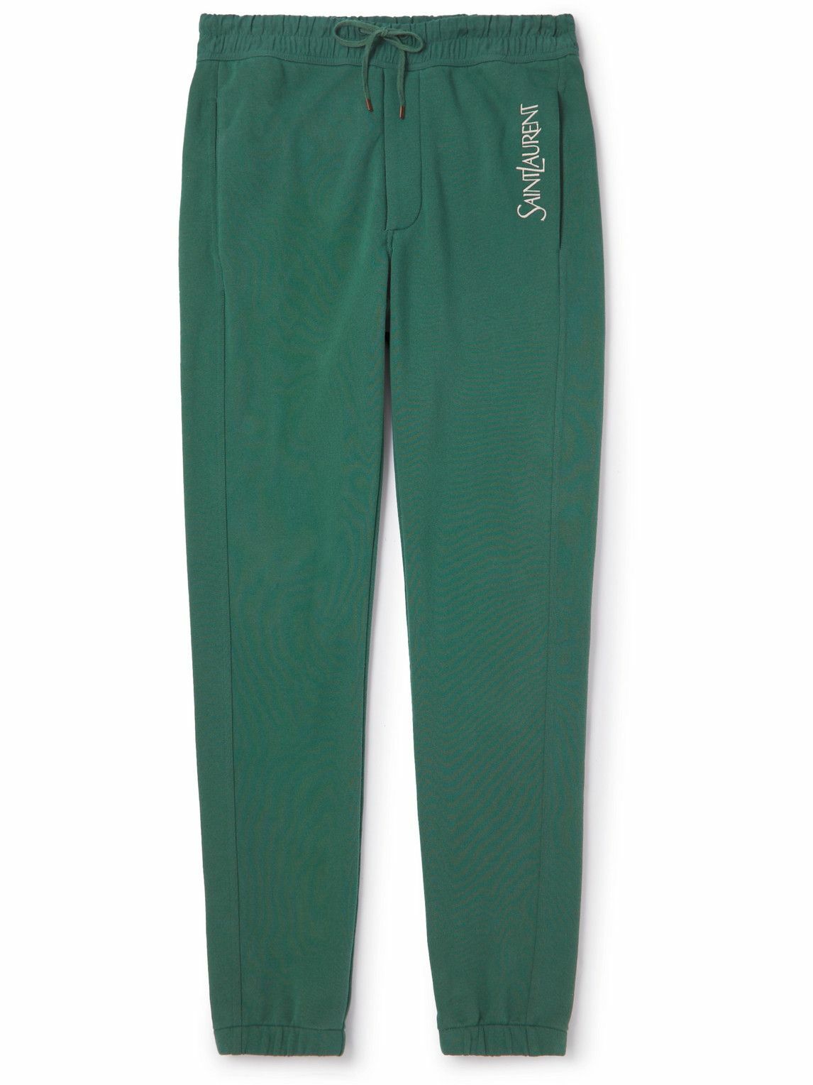 Photo: SAINT LAURENT - Tapered Logo-Embroidered Cotton-Jersey Sweatpants - Green