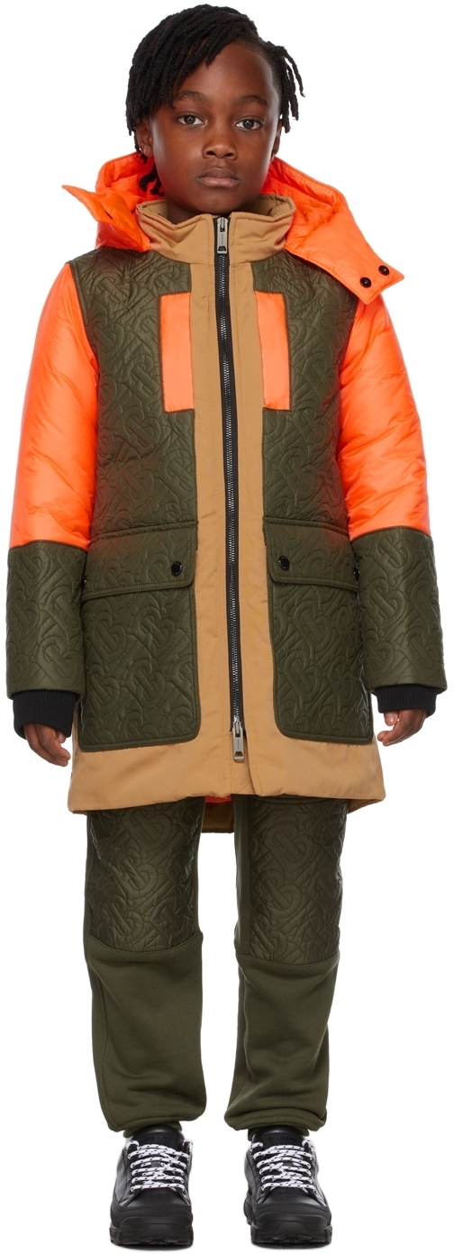 Burberry Kids Orange & Khaki Down Monogram Quilted Coat Burberry