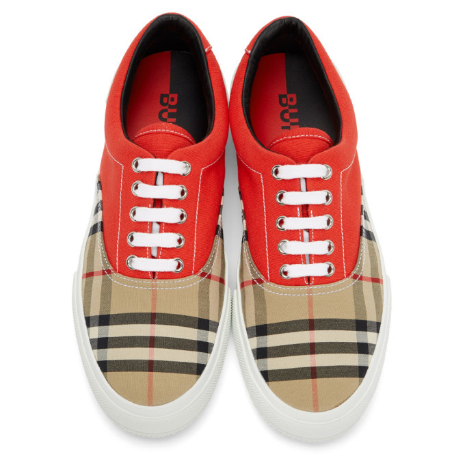 Burberry Red and Beige Vintage Check Skate Sneakers Burberry