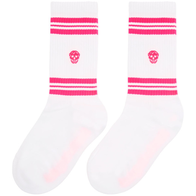 Alexander McQueen White and Pink Stripe Skull Sport Socks 