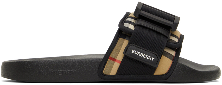 Burberry Beige & Black Buckled Strap Slides Burberry