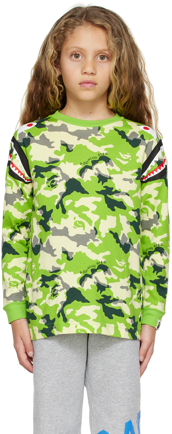 BAPE Kids Green Woodland Camo Shark Long Sleeve T-Shirt A Bathing Ape