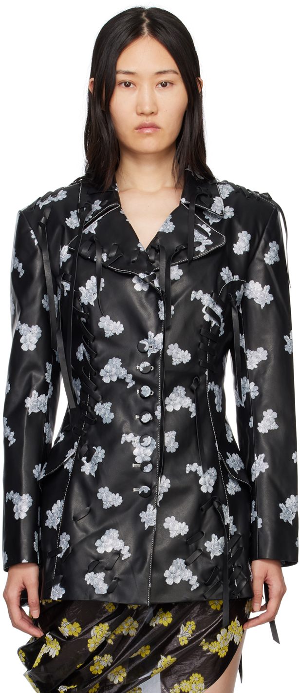 Photo: Yuhan Wang Black Floral Faux-Leather Jacket