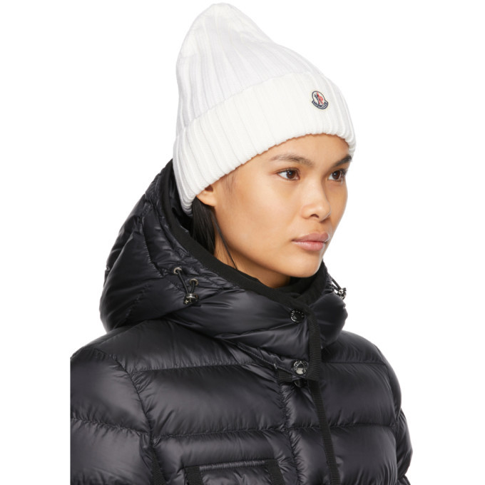 Moncler White Wool Ribbed Logo Beanie 
