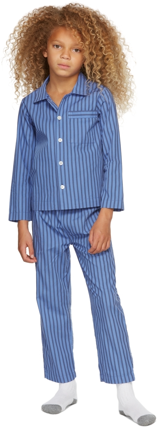 Photo: Tekla Kids SSENSE Exclusive Kids Blue & Black Striped Sleepwear Set