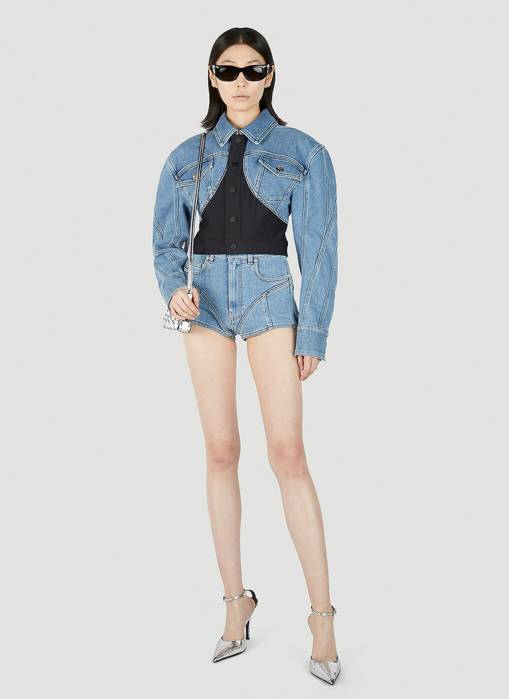 Mugler - Structured Contrast Panel Denim Shorts in Blue Mugler