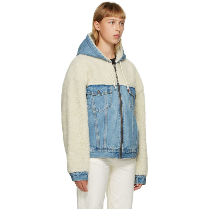 Levis Off-White and Blue Sherpa Hooded Hybrid Trucker Jacket Levis