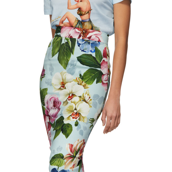 Dolce and Gabbana Blue Floral Cady Midi Skirt Dolce & Gabbana