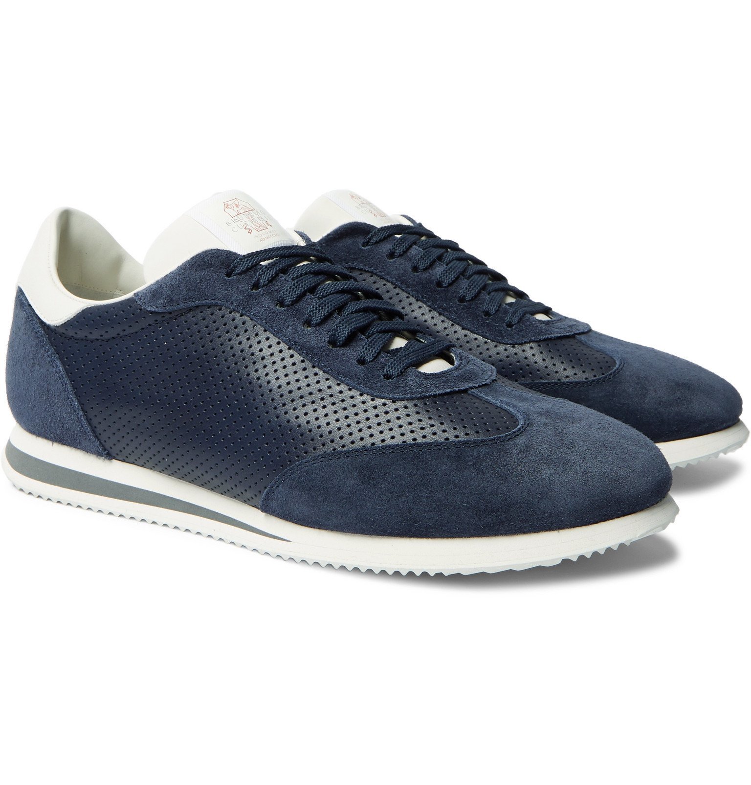 Brunello Cucinelli - Suede-Trimmed Perforated Leather Sneakers - Blue ...