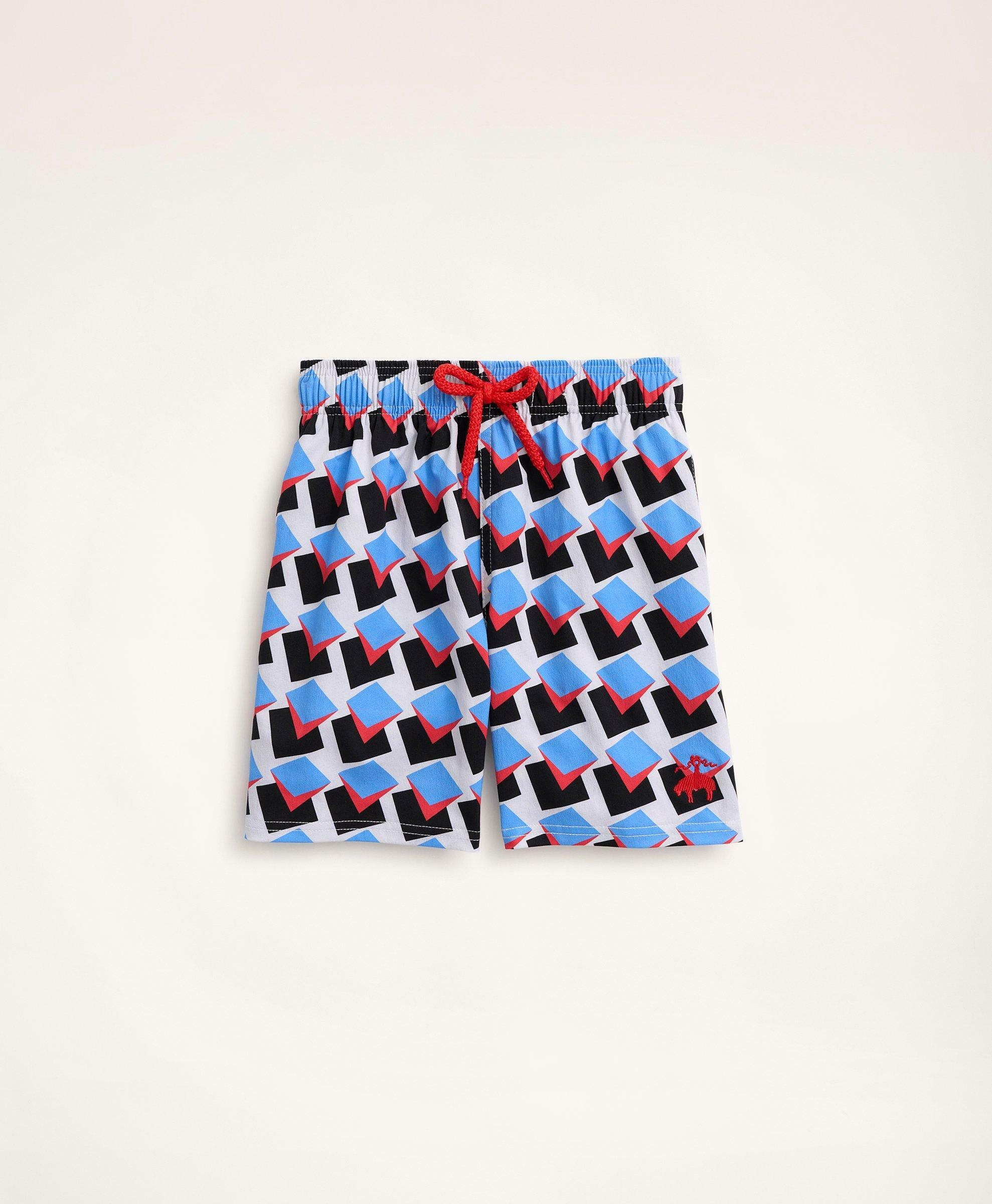 Photo: Brooks Brothers Boys Et Vilebrequin Swim Trunks in the Square Pegs Print | Blue