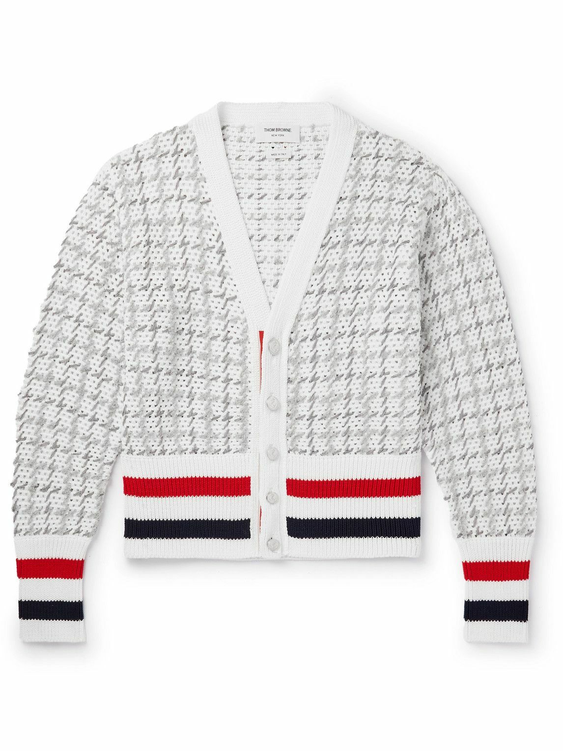 Photo: Thom Browne - Striped Open-Knit Cotton-Blend Cardigan - Gray