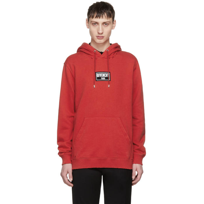 Givenchy Red Distressed Box Logo Hoodie 