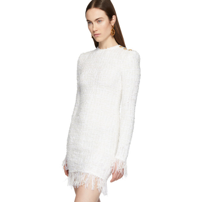 Balmain White Fringe Tweed Three-Button 