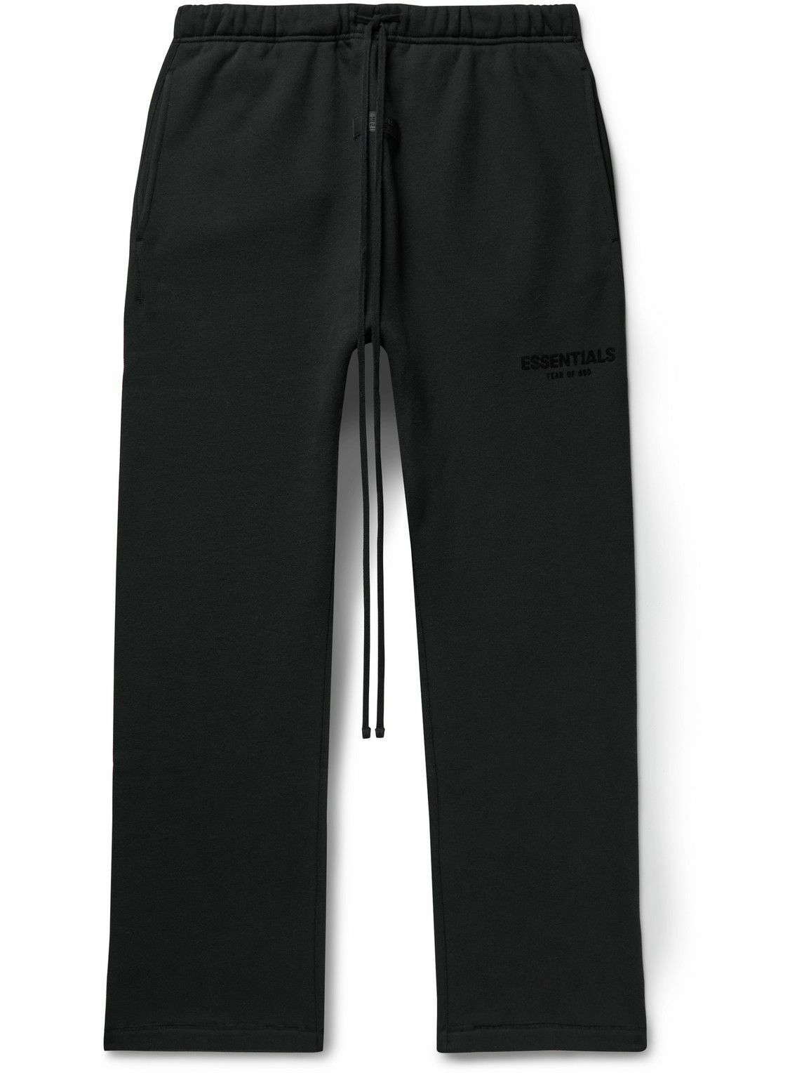 Photo: FEAR OF GOD ESSENTIALS - Straight-Leg Logo-Flocked Cotton-Blend Jersey Sweatpants - Black