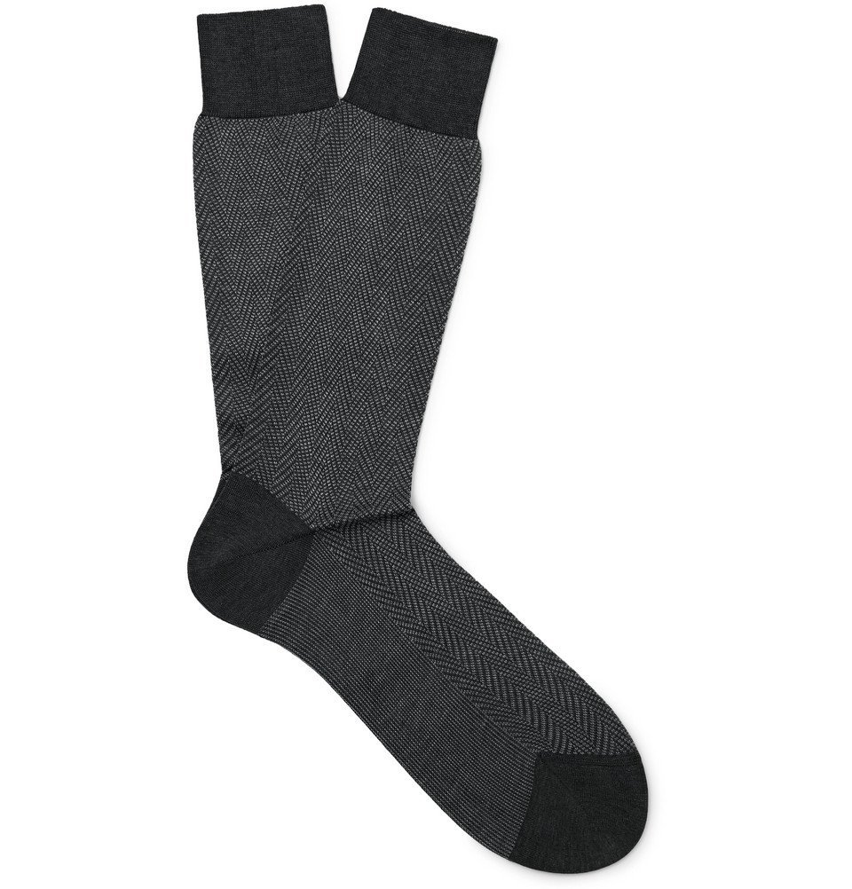 TOM FORD - Herringbone Cotton Socks - Men - Charcoal TOM FORD