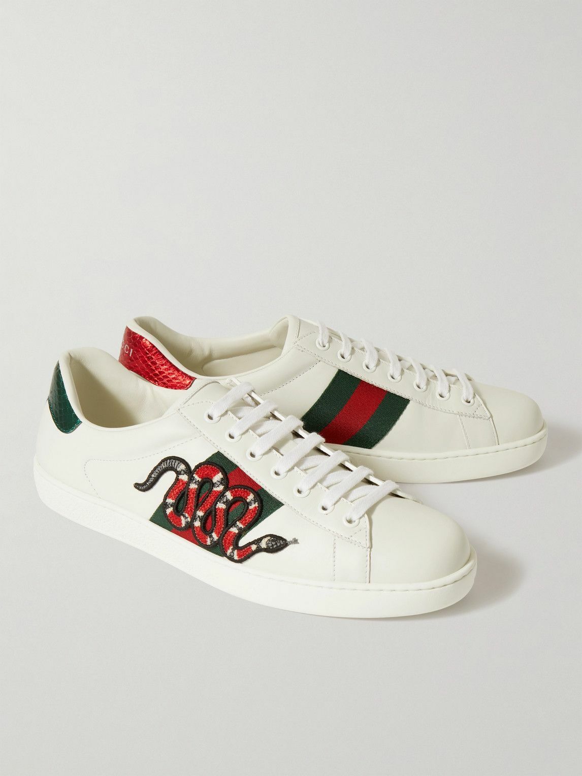 GUCCI - Ace Watersnake-Trimmed Appliquéd Leather Sneakers - White Gucci