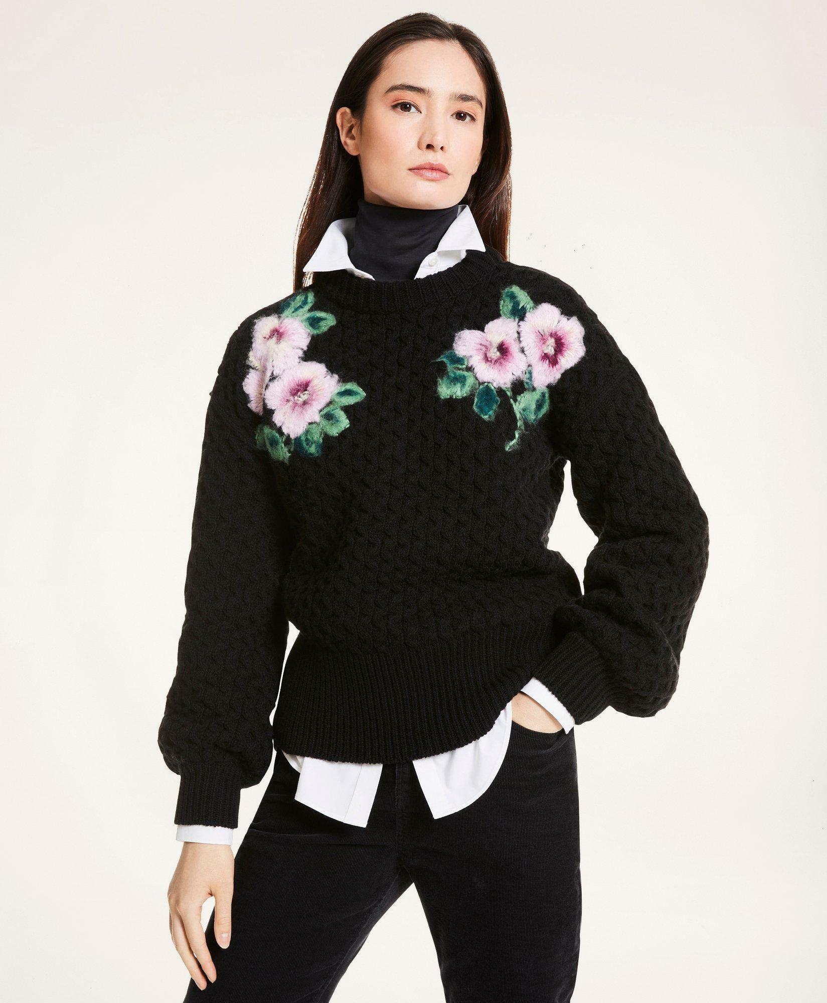 Brooks Brothers Women's Wool Blend Floral Sweater | Black