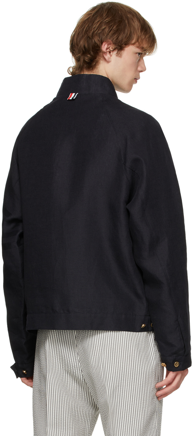 Thom Browne Navy Linen Band Collar Jacket Thom Browne