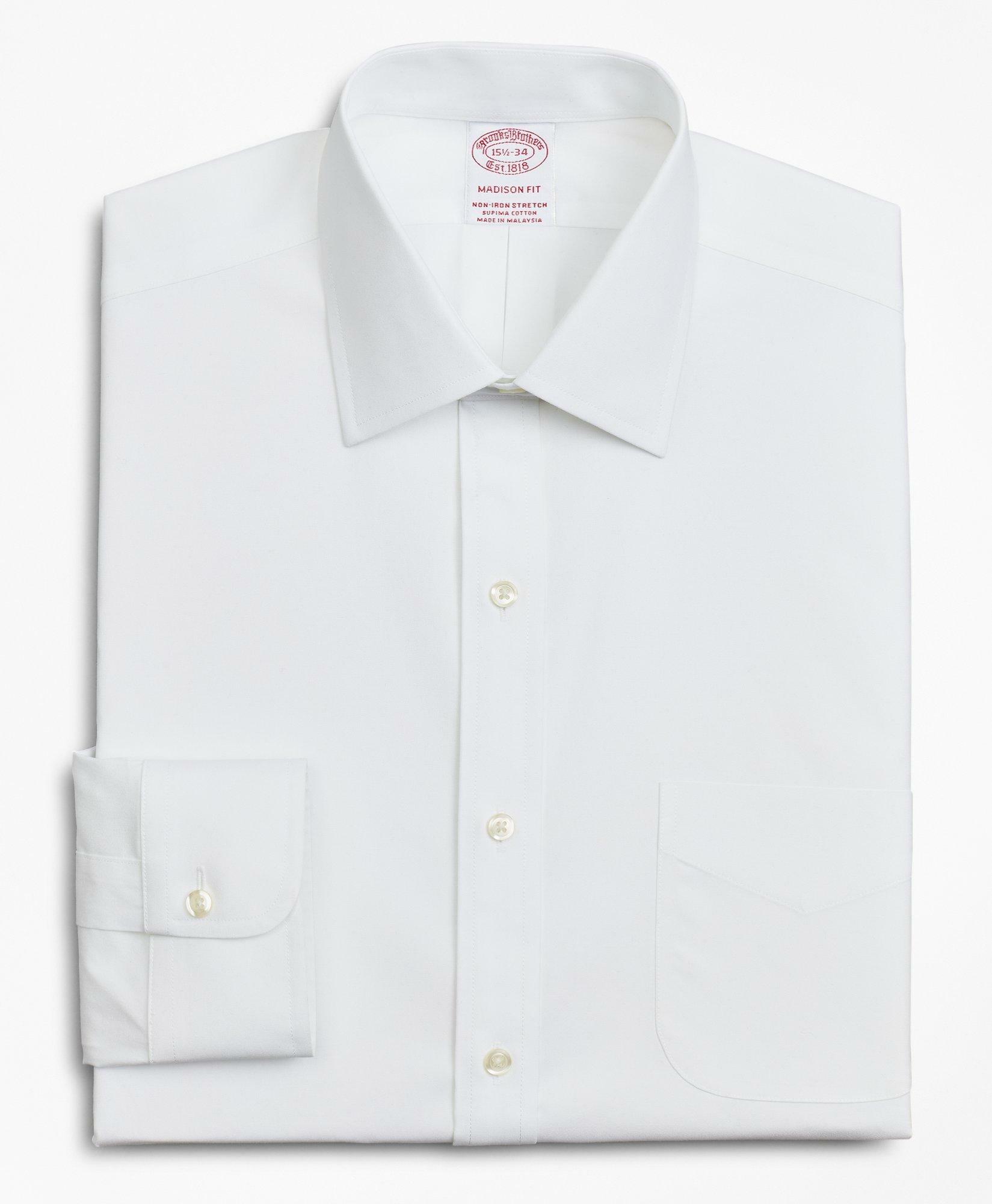 Brooks Brothers Men's Stretch Madison Relaxed-Fit Dress Shirt, Non-Iron Poplin Ainsley Collar | White