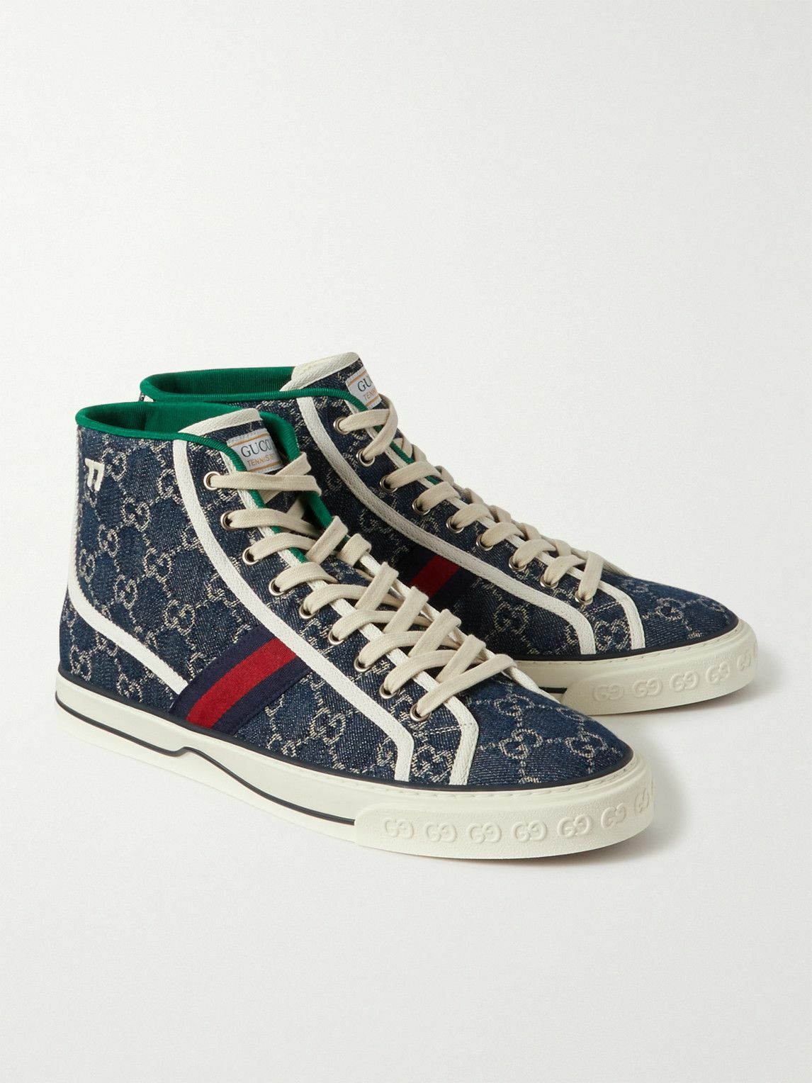 GUCCI - Tennis 1977 Webbing-Trimmed Monogrammed Denim High-Top Sneakers ...