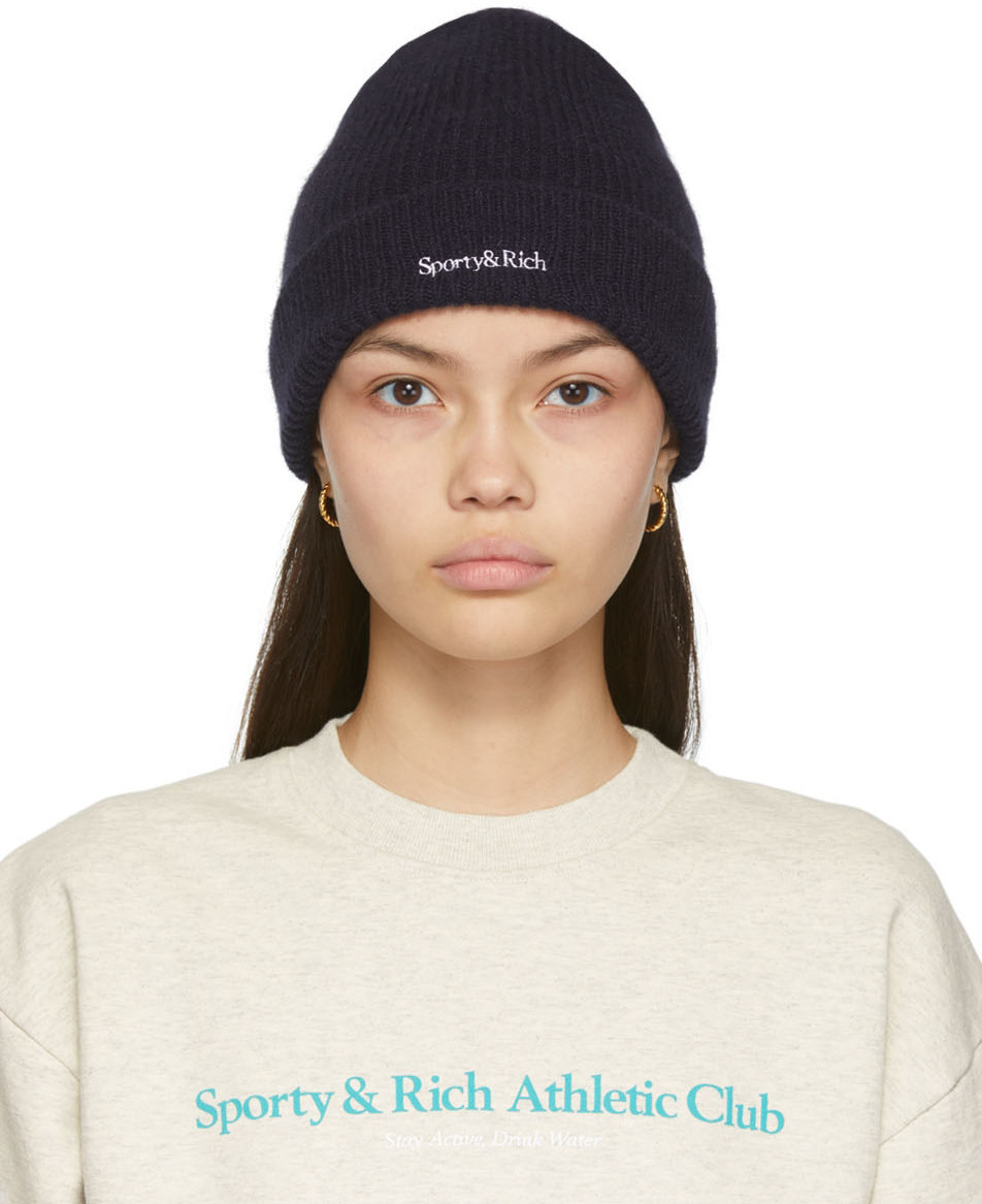 Sporty & Rich Navy Dina Serif Logo Beanie Sporty & Rich