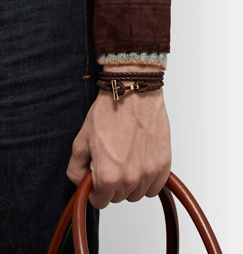 TOM FORD - Woven Leather and Gold-Tone Wrap Bracelet - Men - Chocolate TOM  FORD