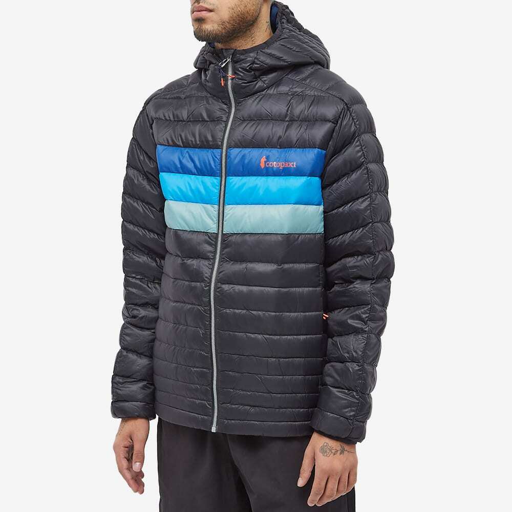 Cotopaxi Men's Fuego Down Hooded Jacket in Black/Pacific Stripes Cotopaxi