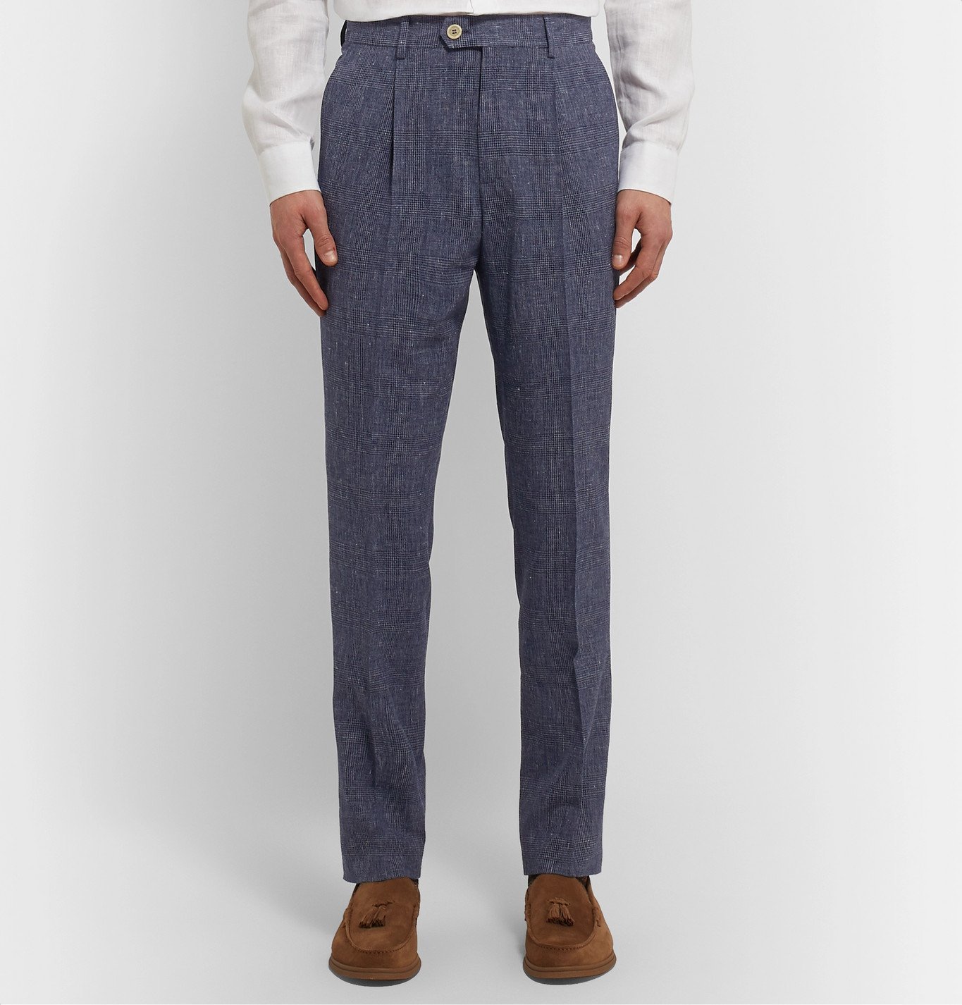 Brunello Cucinelli - Tapered Pleated Prince of Wales Checked Wool-Blend ...