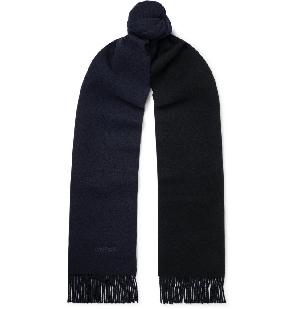 TOM FORD - Reversible Fringed Logo-Embroidered Wool and Cashmere-Blend Scarf  - Midnight blue TOM FORD