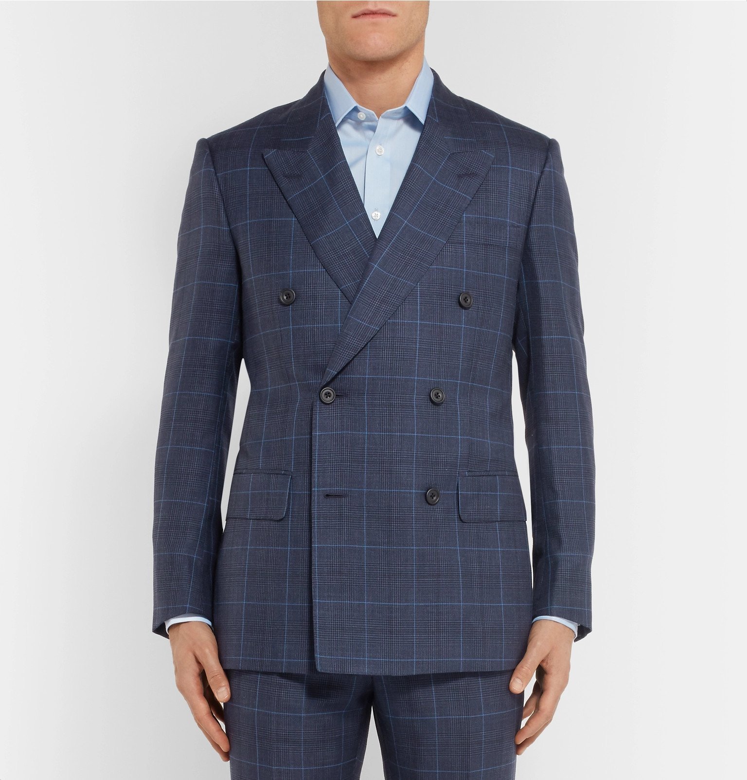Kingsman - Harry's Navy Double-Breasted Checked Wool, Silk and Linen ...
