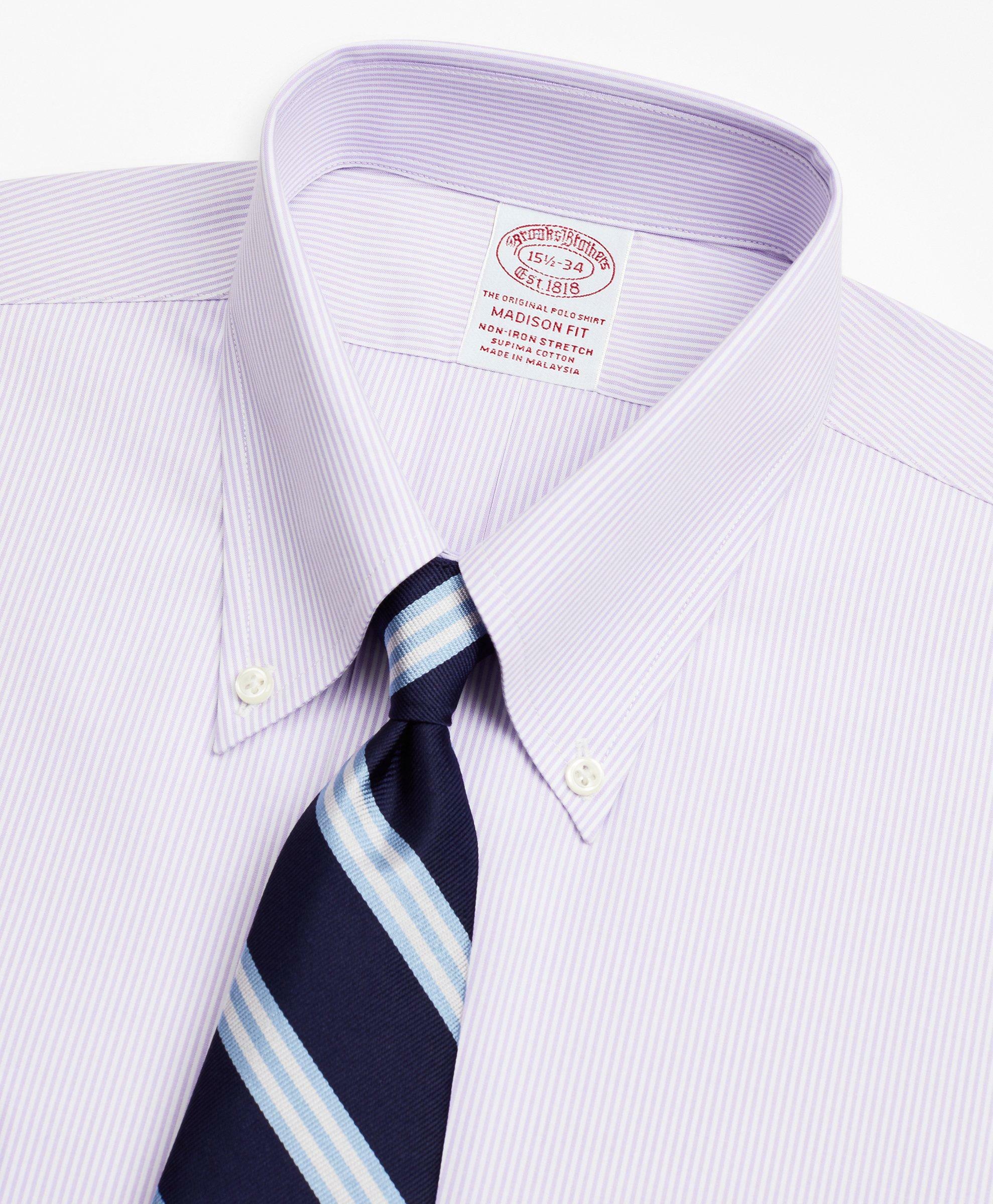 Brooks Brothers Men's Stretch Madison Relaxed-Fit Dress Shirt, Non-Iron Poplin Button-Down Collar Fine Stripe | Lavender