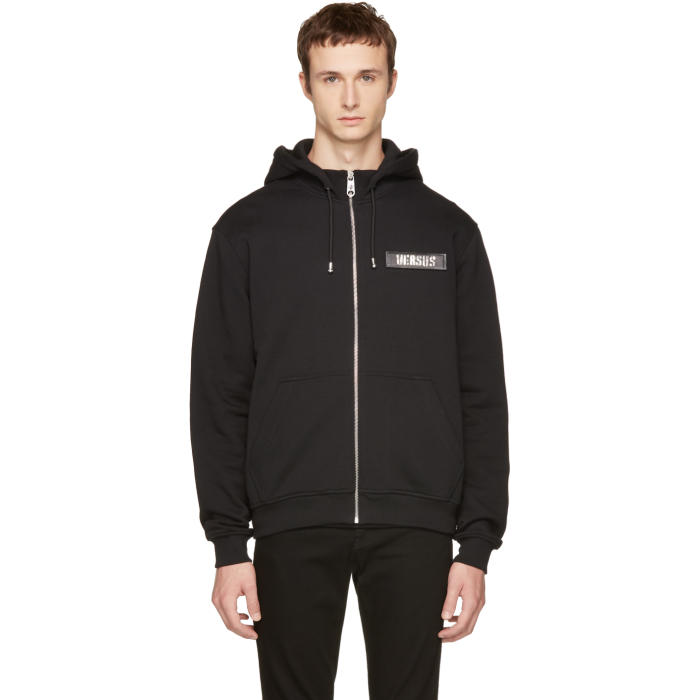 Versus Black Logo Patch Zip Hoodie Versus